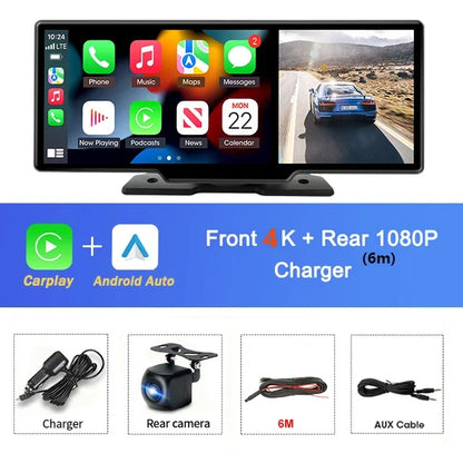 10.26"Car DVR with CarPlay&Android Auto,4K(3840*2160) Front and 1080P RearCamera,VoiceControl,BT,FM,GPS Recorder,DualLensDashcam