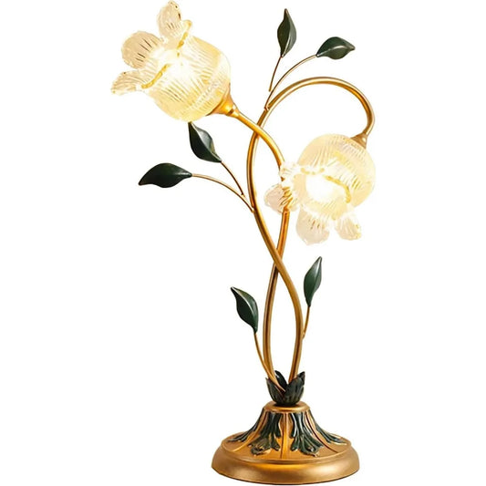 Gold Glass Flower Table Lamp Vintage 2-Light Floral Side Beside Desk Lamp Green Leaf and Milk Glass Lampshade Decorative Retro