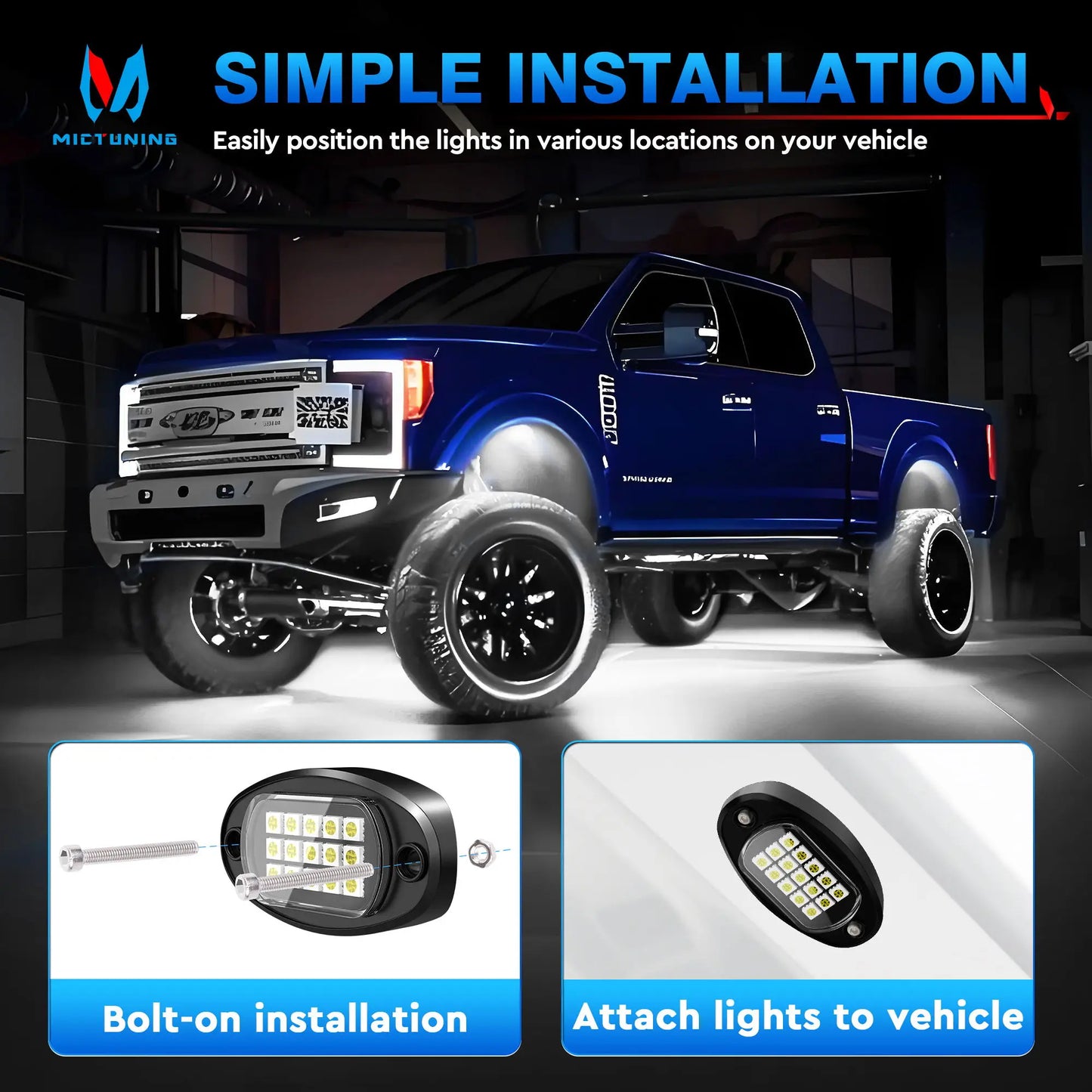 MICTUNING LED Rock Lights 12/16/20 Pods - Pure White Color Waterproof LED Underglow Light, Underbody Glow Lamp for Car Truck