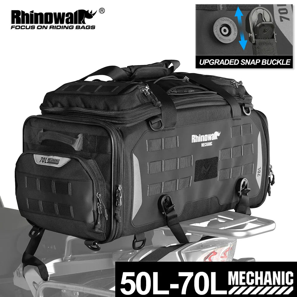 Rhinowalk Motorcycle Tail Bag Waterproof 50-70L Expandable Back Seat Bag Dry-Wet Separation Versatile Backpack 14" Laptop Pocket