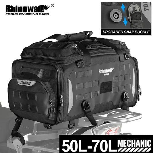 Rhinowalk Motorcycle Tail Bag Waterproof 50-70L Expandable Back Seat Bag Dry-Wet Separation Versatile Backpack 14" Laptop Pocket