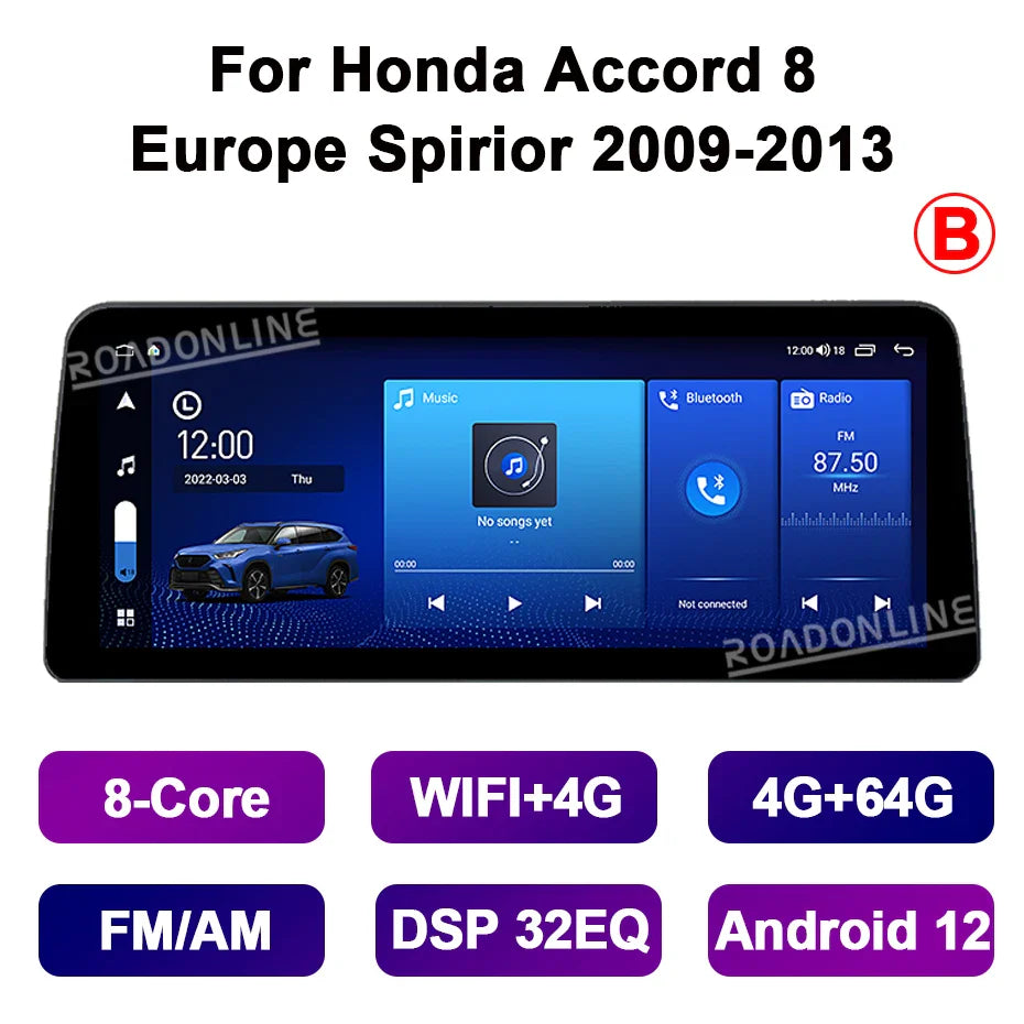 12.3” Android 12 For Honda Accord 8 Europe Spirior Acura Tsx 2009-2013 8+256GB Car GPS Multimedia Player Stereo Receiver Radio