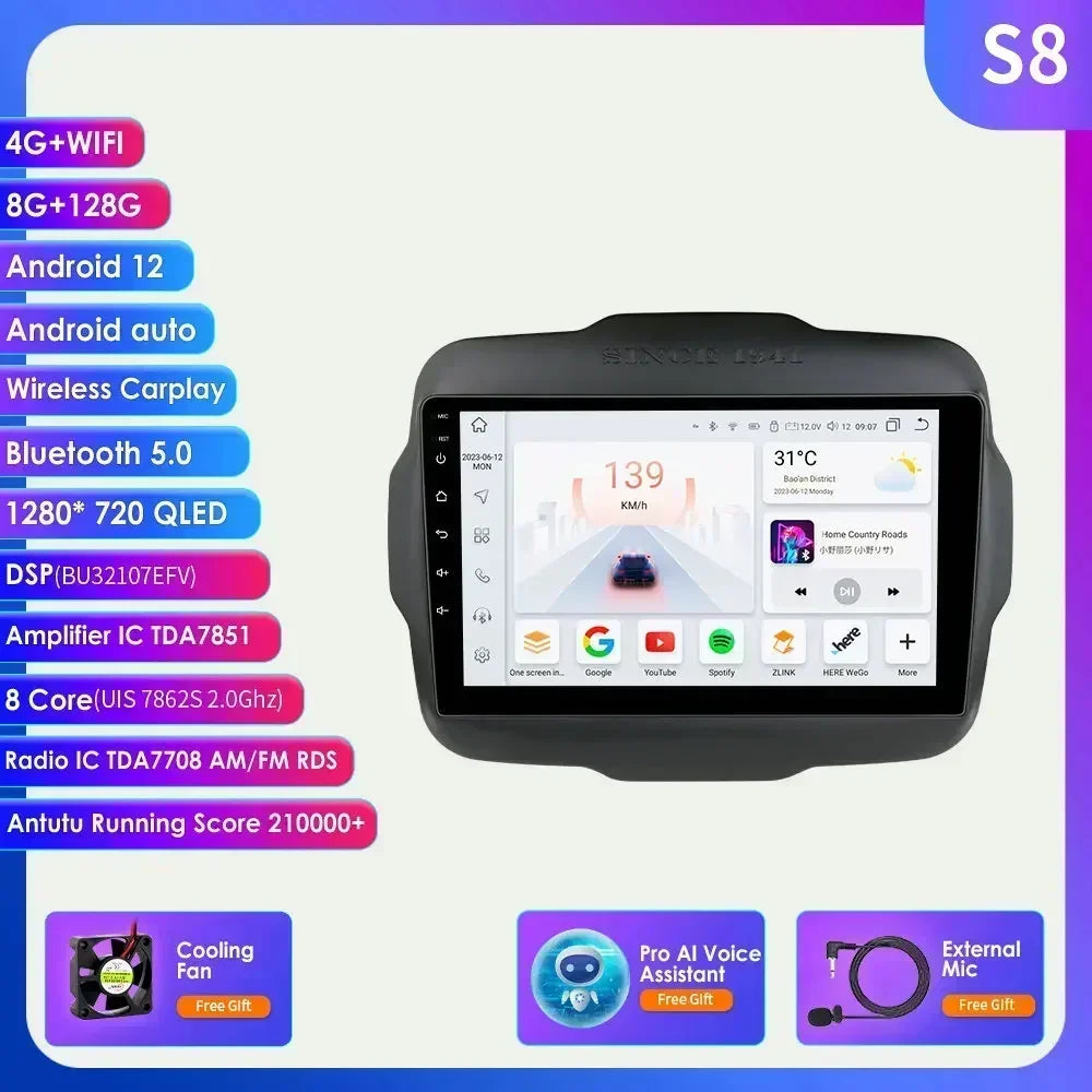 7862 Carplay 4G-LTE 9" Car Radio Android for Jeep Renegade 2016-2020 Multimedia Player Navigation GPS 2 Din Stereo DSP Autoradio