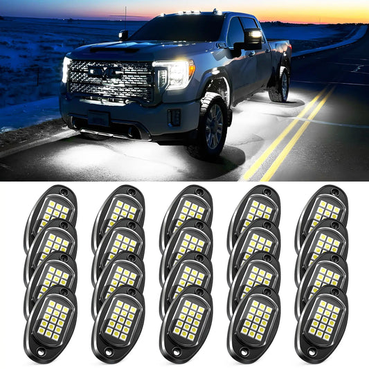 MICTUNING LED Rock Lights 12/16/20 Pods - Pure White Color Waterproof LED Underglow Light, Underbody Glow Lamp for Car Truck