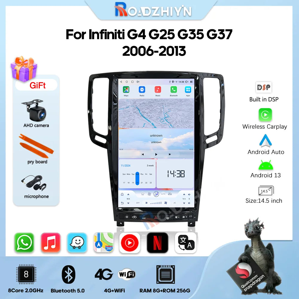 14.5 " Android13 Car Radio Multimedia Video Player For Infiniti G4 G25 G35 G37 2008-2013 GPS navigation Carplay Auto 4G wifi 360