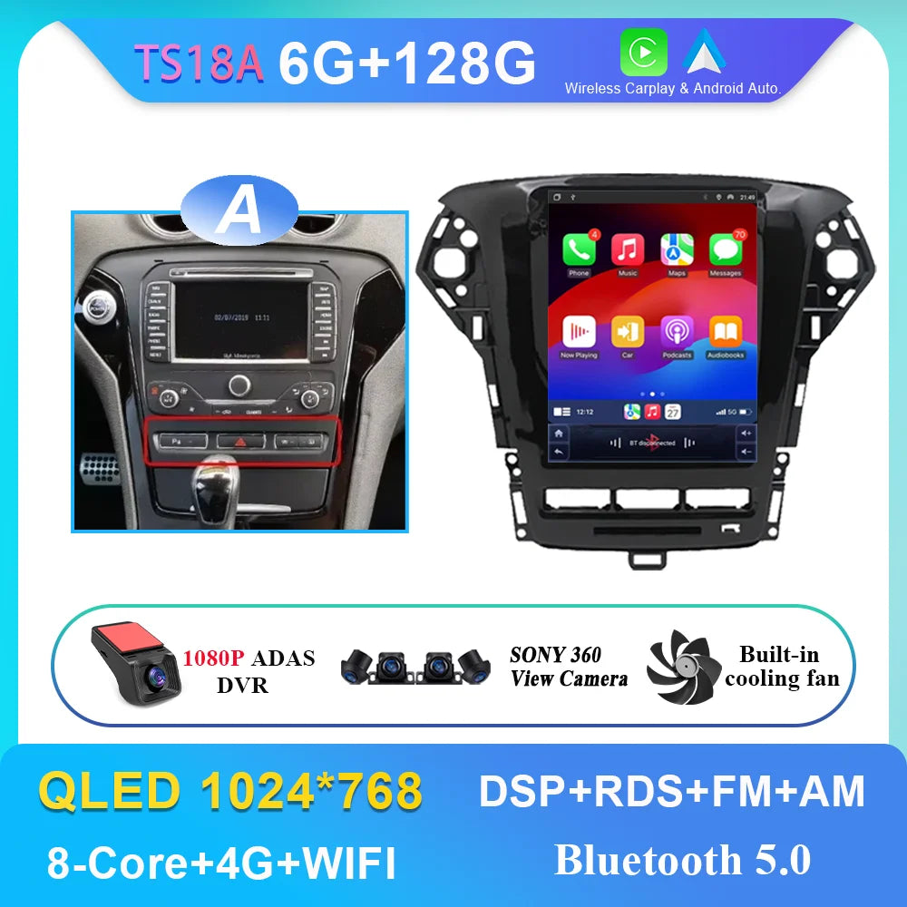 9.7 Inch Android 14 Car Radio Stereo Multimedia Player For Ford Mondeo MK4 2011 - 2013 Auto GPS Navigation wireless carplay DVD