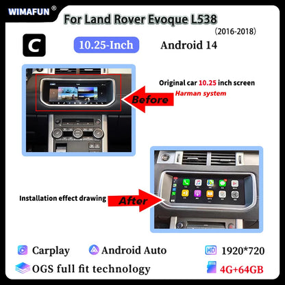 10.25" For Range Rover Evoque L538 2012-2018 Car Radio Navigation Multimedia Screen Bluetooth Player Android 14 Carplay Auto