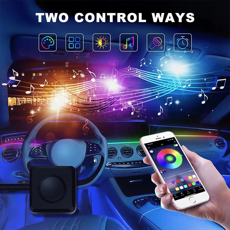 Car Symphony Ambient LED Lamp Strips Remote App Control Auto Interior Accessories 64 RGB Rainbow Atmosphere Acrylic Lights 22in1