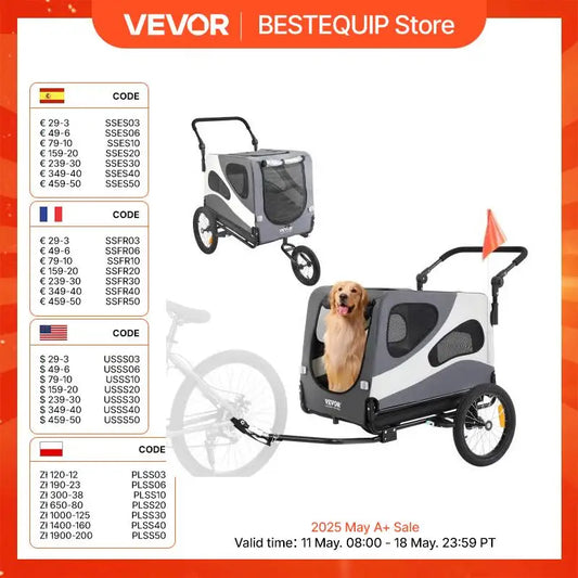 VEVOR 100lbs Dog Bike Trailer 2-in-1 Pet Stroller Cart Bicycle Carrier Folding Cart Frame with Wheels Reflectors Flag for Dogs