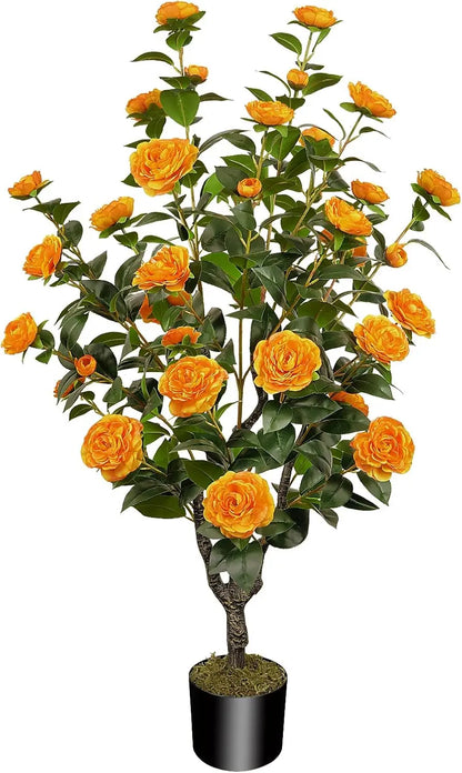 Artificial Camellia Fake Tree, Artificial Plants & Flowers with 32 Yellow Pink Flowers