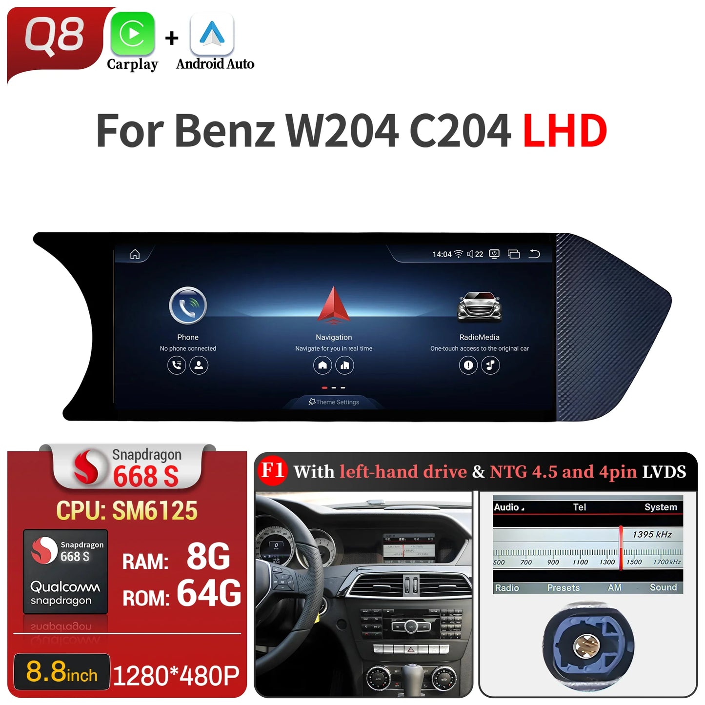 8.8 inch Android 14 For Mercedes Benz C Class W204 S204 2011-2015 Car Radio BT Carplay Qualcomm Snapdragon 680 Head Unit Screen