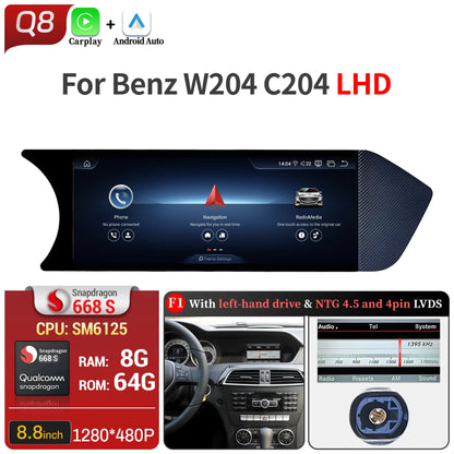 8.8 inch Android 14 For Mercedes Benz C Class W204 S204 2011-2015 Car Radio BT Carplay Qualcomm Snapdragon 680 Head Unit Screen