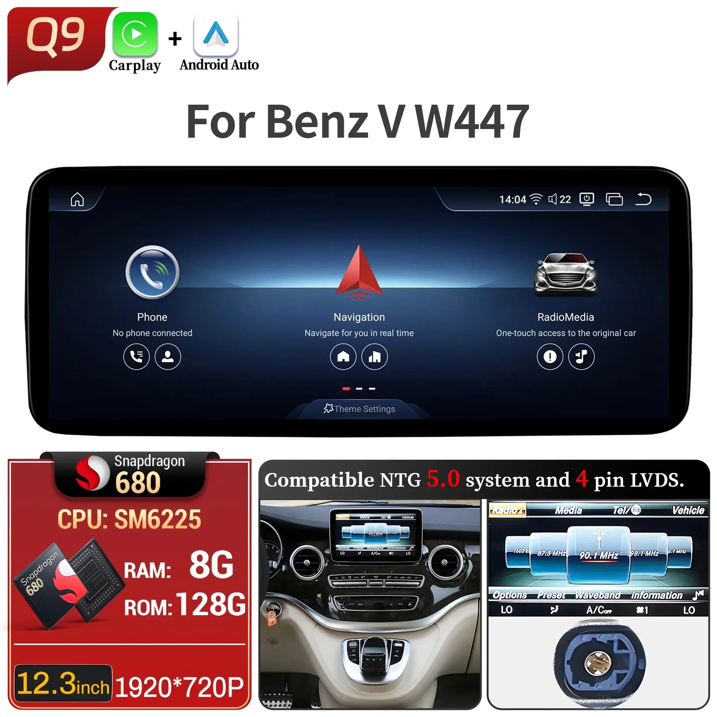 Car Radio For Mercedes Benz V Class W447 V250 V260 V350 Android 14 4G Wireless BT Carplay Snapdragon 680 Head Unit Touch Screen