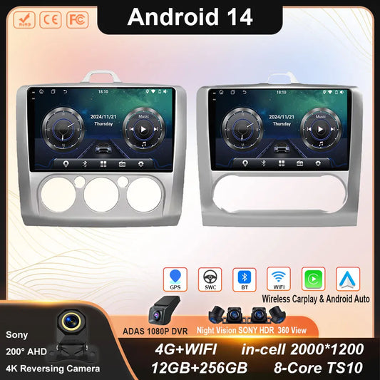 Android 14 Wireless CarPlay Auto For Ford Focus 2 3 Mk2 Mk3 2004-2011 4G+WIFI Car Radio Multimedia Stereo Player GPS 360 Camera