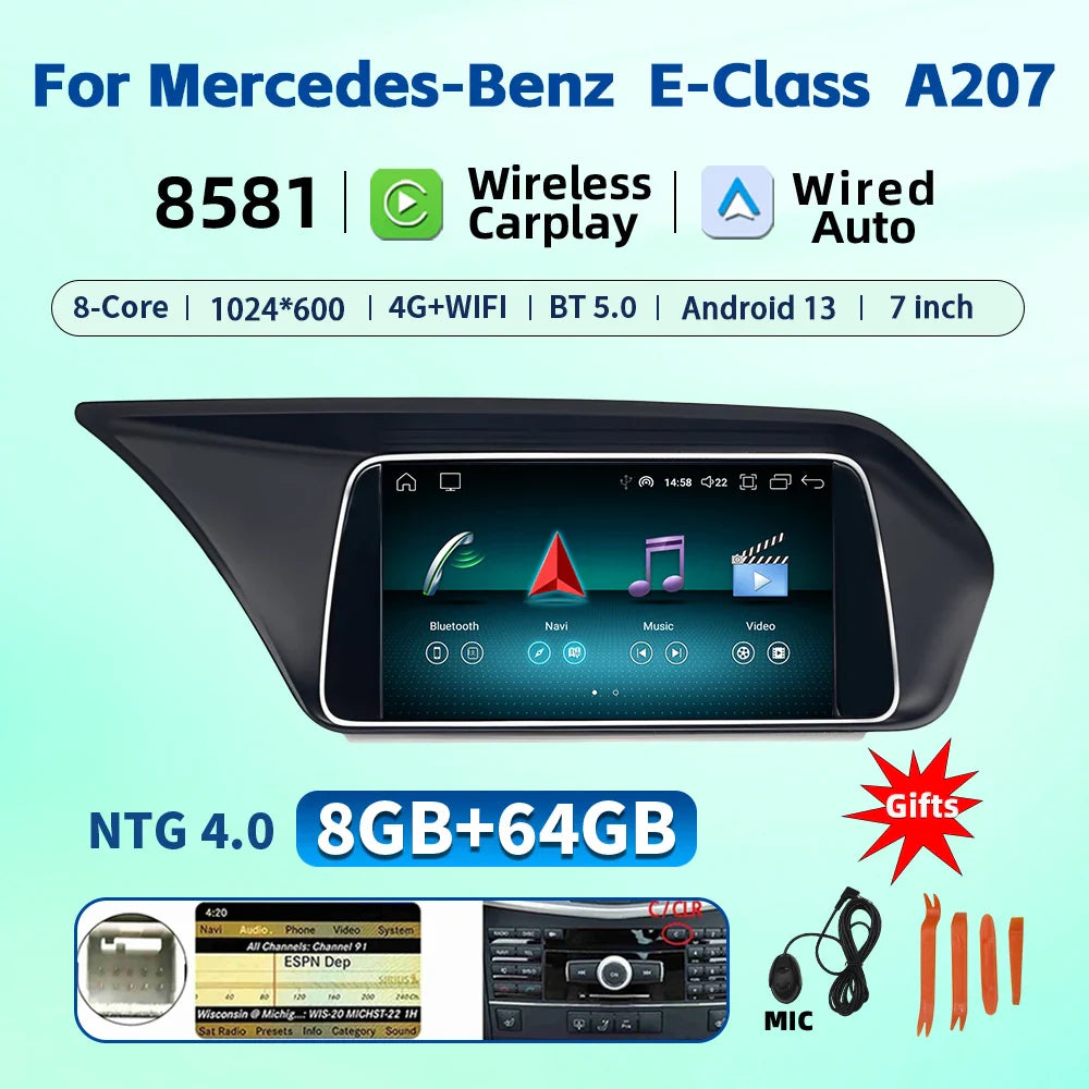 7 Inch Carplay Android 13 Auto Car Intelligent Systems For Mercedes Benz E Class W212 A207 X204 DSP Stereo Touch Screen