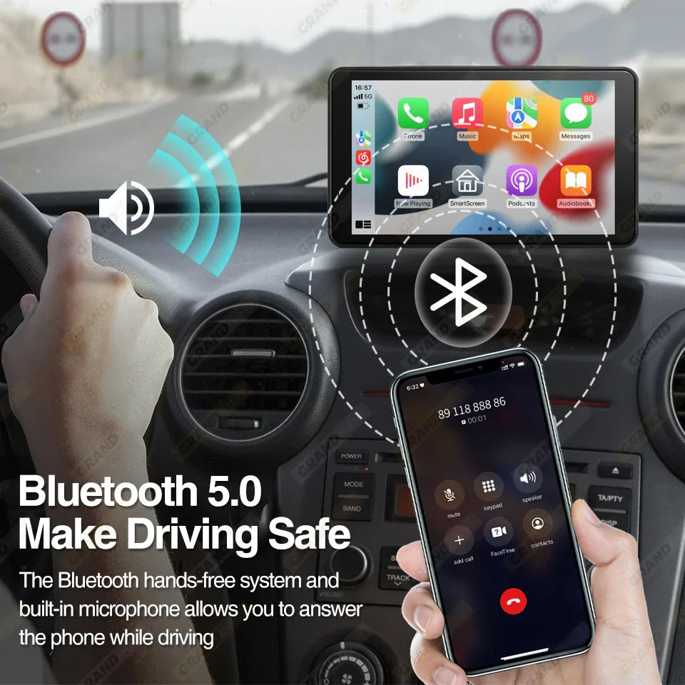 GrandNavi Universal 7inch Portable CarPlay Android Auto Car Radio Multimedia Video Player Touch Screen Bluetooth With AUX USB