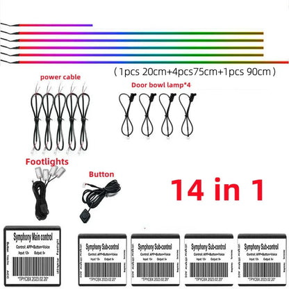 18 In 1 Full Color Streamer Car Ambient Lights RGB 64 Color Universal LED Interior Hidden Acrylic Strip Symphony Atmosphere Lamp