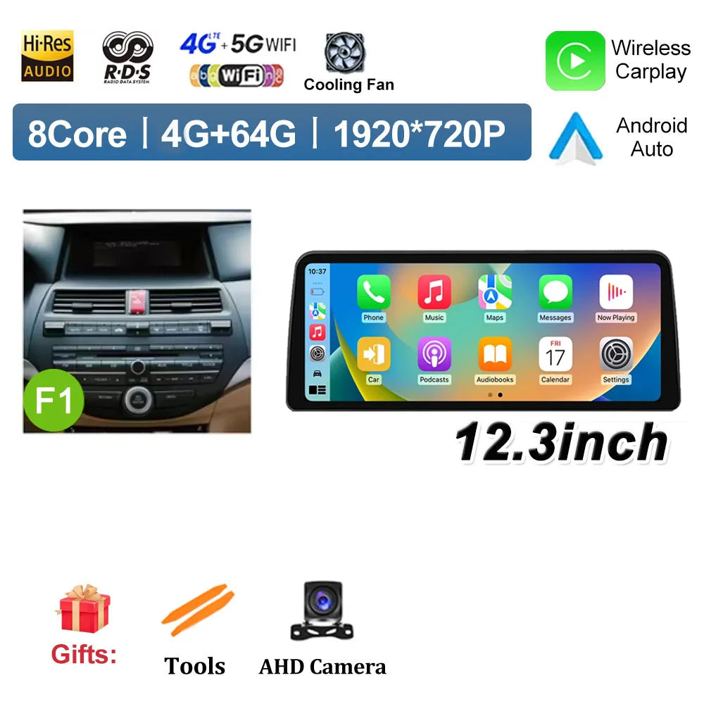 12.3 inch Android 14 for Honda Accord 8 2008 2009 - 2013 Car Multimedia Radio Player Wireless Carplay Monitor GPS Navigation BT