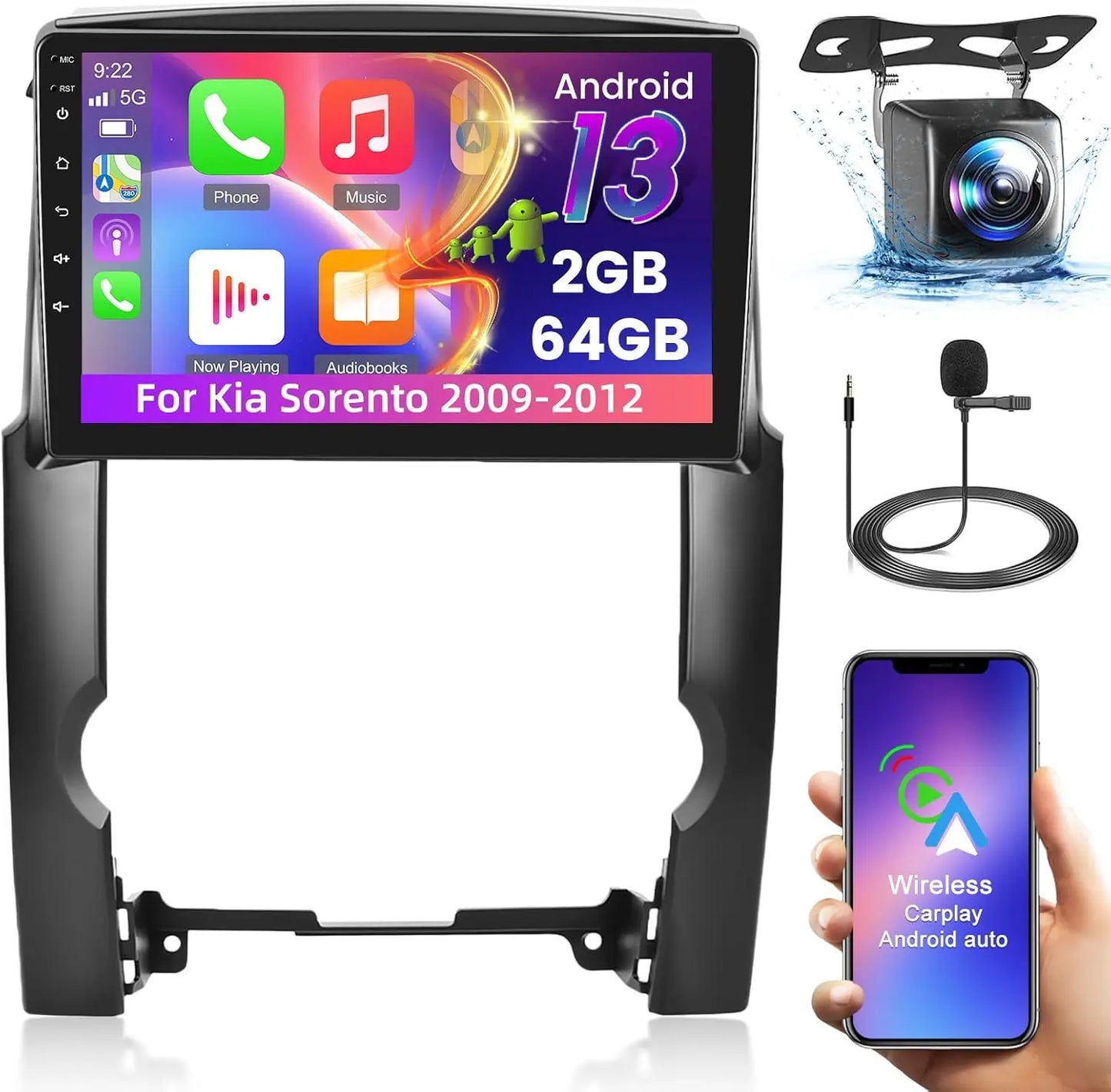 for Kia Sorento 2009-2012 Wireless CarPlay and Android Auto 10" Touchscreen Kia Sorento Headunit - WiFi/SWC + AHD Backup Camera