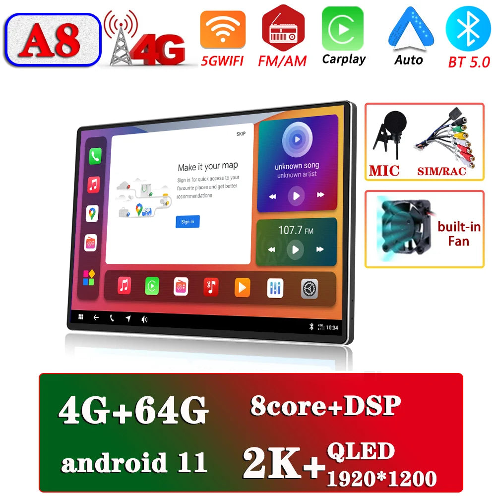 13.1" Car Radio GPS 2 din Android 11 Auto Carplay  For Nissan Hyundai KIA TOYOTA Honda Multimedia Player