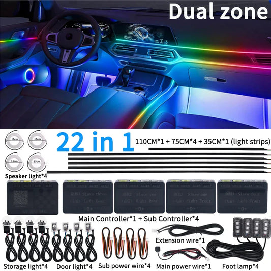 6/10/14/18/22 in 1 Led Car Hidden Ambient Light Symphony RGB 64 Color Bluetooth APP Interior Acrylic Matt Black Strip Backlight