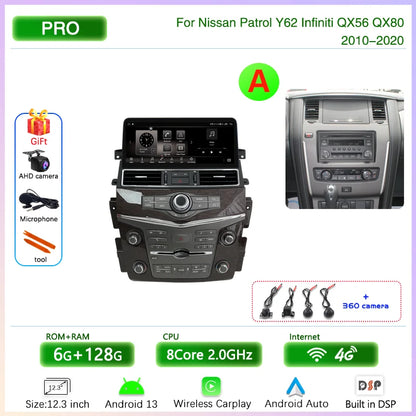 12.3 " Android13 Car Multimedia Video Player For Nissan Patrol Y62 Infiniti QX56 QX80 2010-2020 GPS Navigation CarPlay Auto 4G