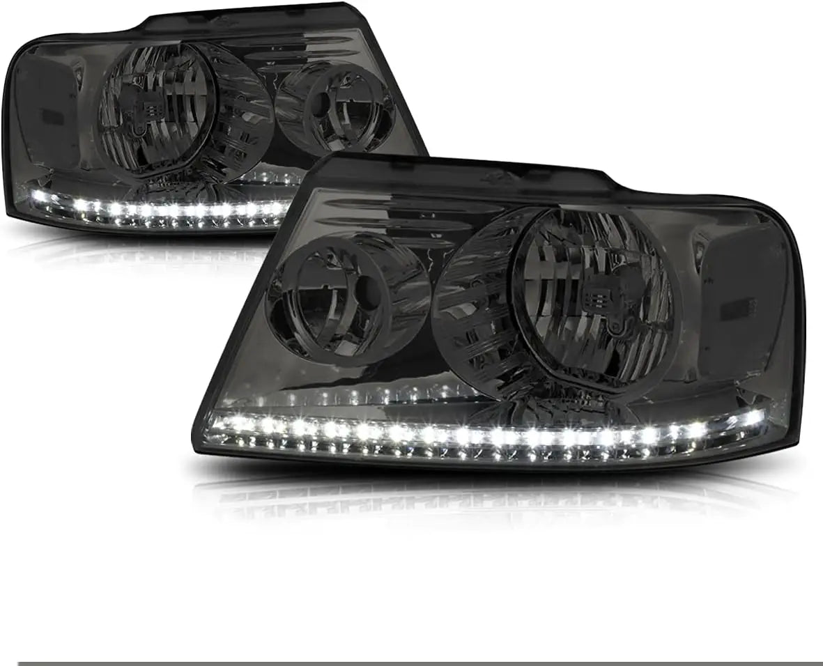 Headlights Assembly Compatible with 2004-2008 Ford F150 / 2006-2008 Lincoln Mark LT, Pair of Headlamps with LED DRL Strip, Smoke