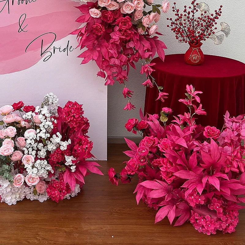 Hot Pink Floor Flower Row Artificial Flower Wedding Decoration Floral Arch Arrangement Welcome Sign Decor Road Lead Flower Ball