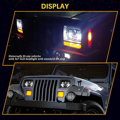 Car LED Headlight DRL Hi-Low Beam H4 Headlamp 5X7" 7x6 Inch Rectangle For Jeep Wrangler YJ Cherokee XJ Toyota Nissan GMC Ford