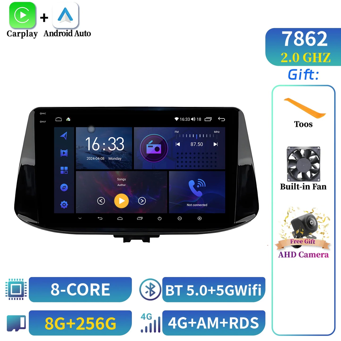 For Hyundai i30 2017 2018 CarPlay Car Radio Multimedia Player Navigation Wireless BT Carplay Android 14 Stereo 2K QLED Screen