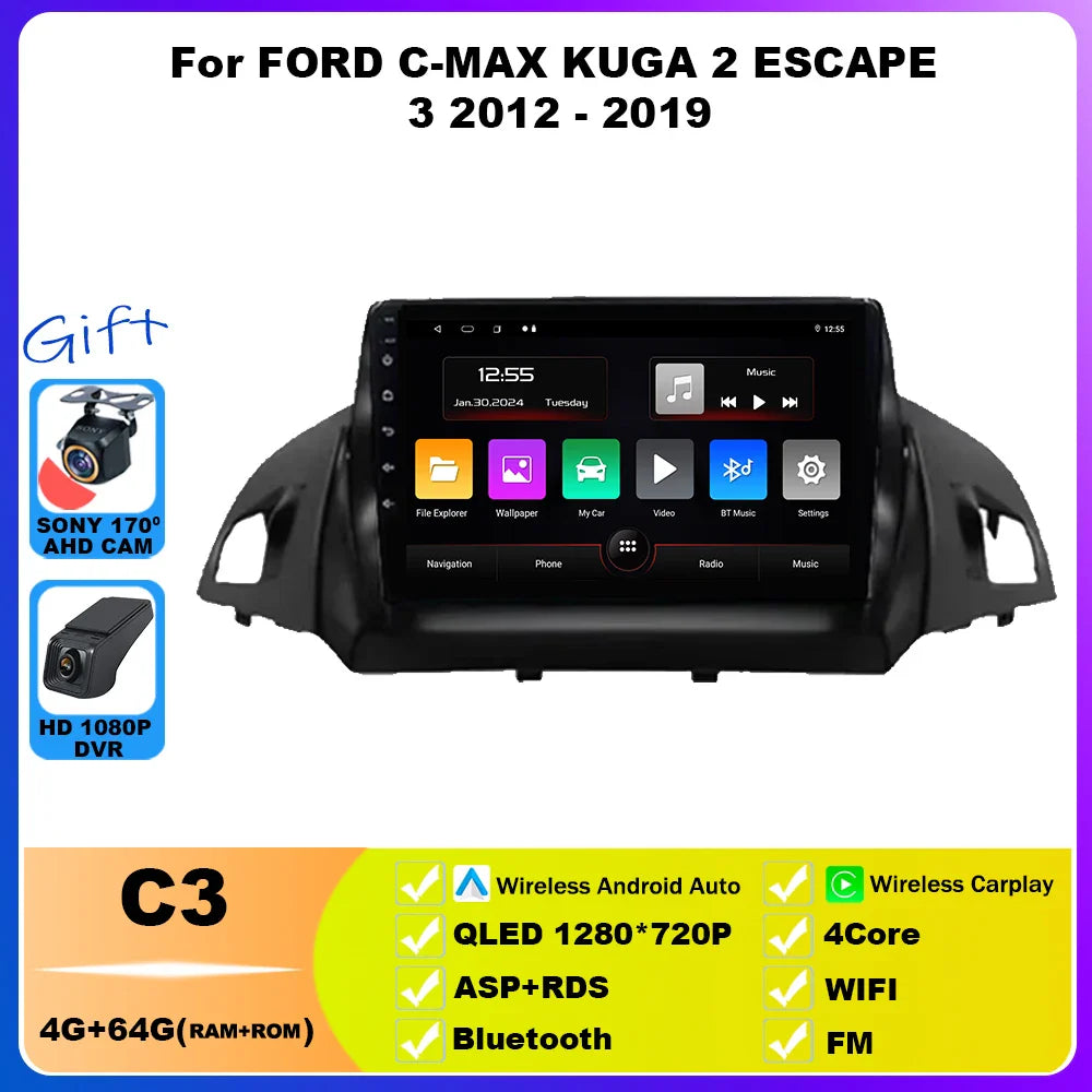 Android 14 For FORD C-MAX KUGA 2 ESCAPE 3 2012 - 2019 Car Radio Multimedia Video Player Navigation GPS WIFI 4G Stereo Head Unit