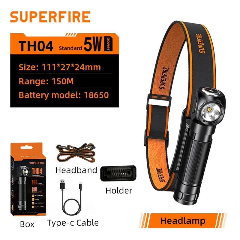 SUPERFIRE High Power LED Headlamp USB Rechargeable 90° Headlight Camping Torch with Power Indicator Magnet Tail Head Flashlight