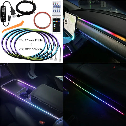 For Tesla Model 3 Y 120cm/47.24inch Car USB Ambient Lights LED Interior Sound Control RGB Symphony Atmosphere Lamp APP Remote