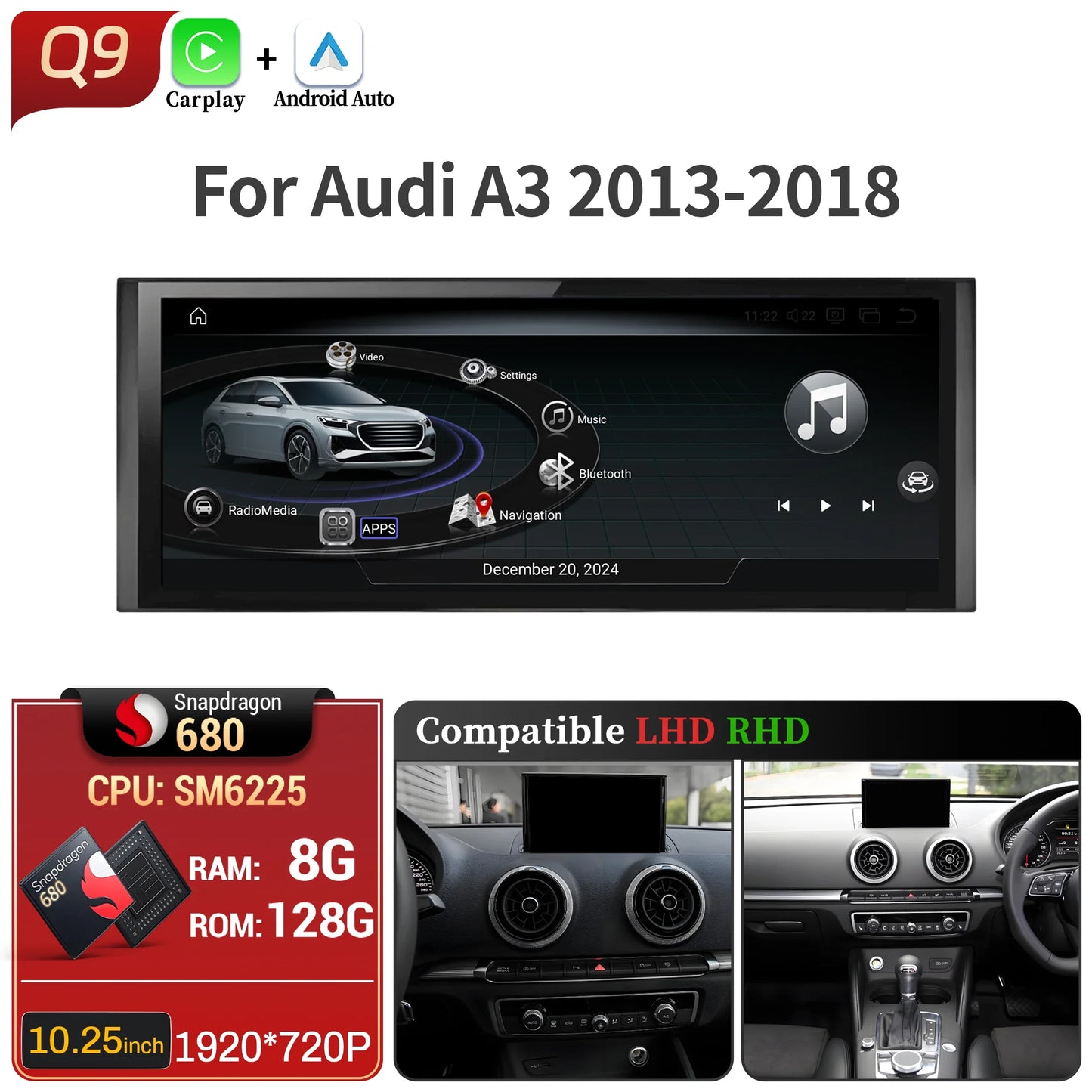 10.25 inch Android 14 For Audi A3 2013-2018 Car Radio Wireless Bluetooth Carplay Head Unit Qualcomm Snapdragon 680 Touch Screen
