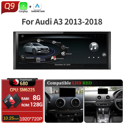 10.25 inch Android 14 For Audi A3 2013-2018 Car Radio Wireless Bluetooth Carplay Head Unit Qualcomm Snapdragon 680 Touch Screen
