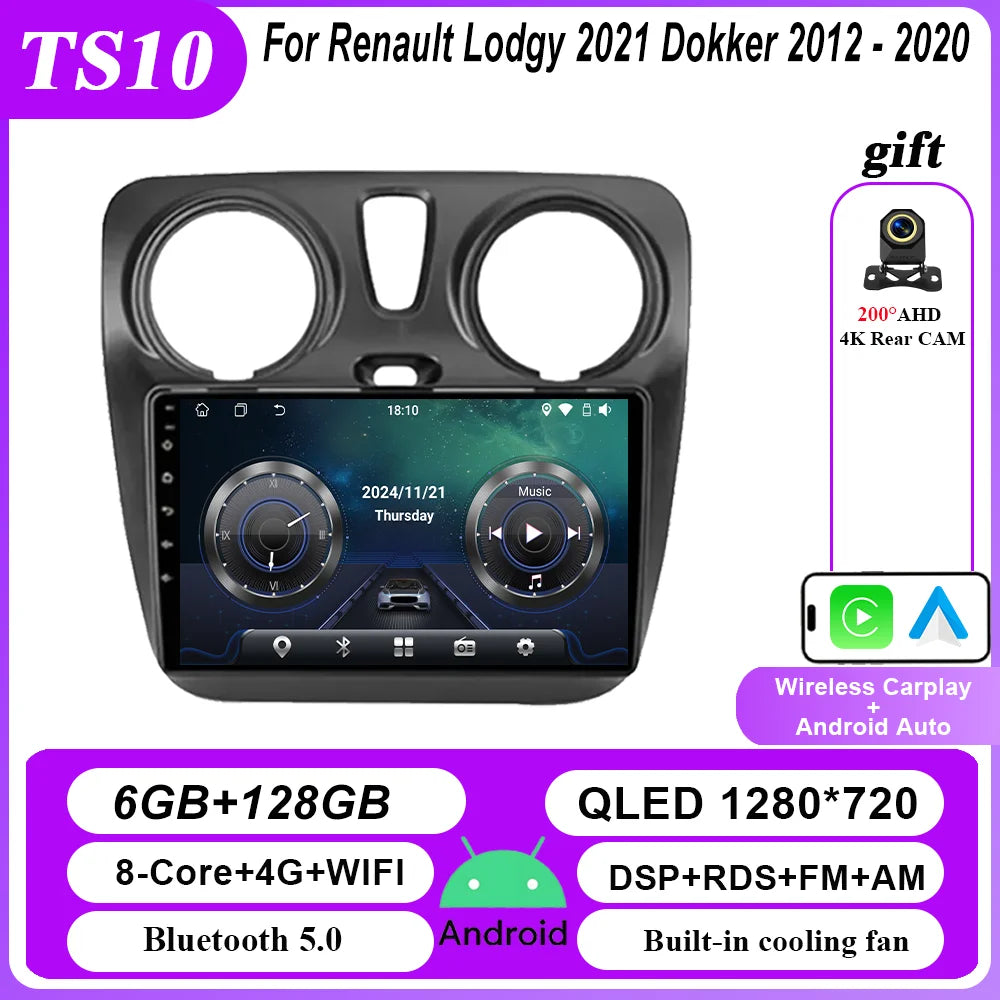 4G Carplay Android Auto Radio For Renault Lodgy 2021 Dokker 2012 - 2020 Auto Multimidia Player QLED Screen 2din Stereo Head Unit