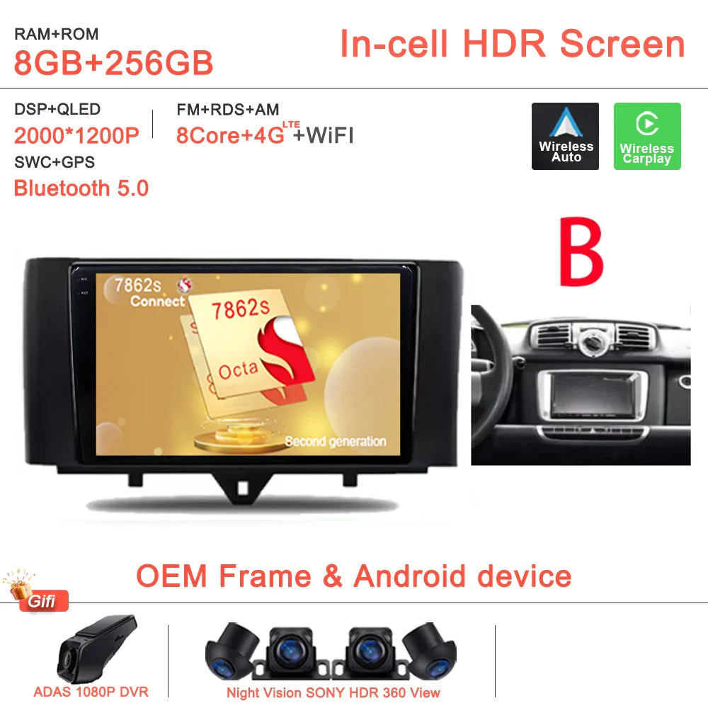 Android 14 Car For Mercedes Benz Smart Fortwo 451 2005 - 2015 Stereo Head Unit GPS Navigation Multimedia Autoradio Dash Cam DVD