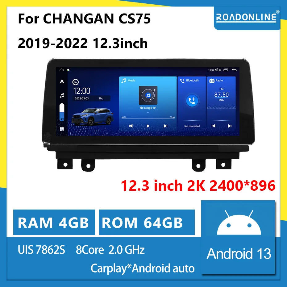 For CHANGAN CS75 2019-2022  Android13 12.3inch 2400*896 2K screen  QLED 8Core 8+256G Car Multimedia Player Stereo Radio
