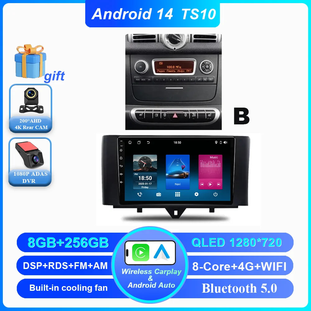 Car Android 14 GPS Navigation For Mercedes Benz Smart Fortwo 451 2010 - 2015 Auto Radio Stereo Multimidia Player Carplay NO 2DIN