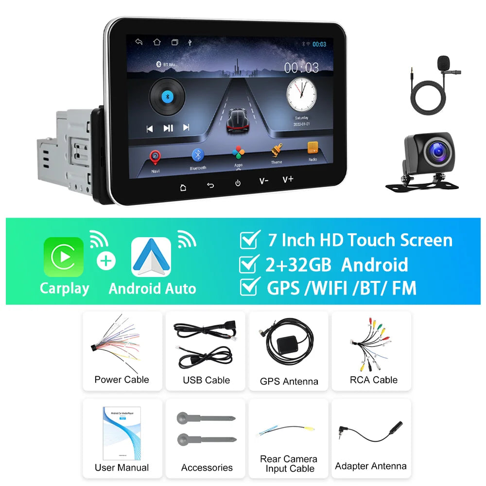 Podofo 2+32G Android Car Radio 7'' 1Din Multimedia Player Carplay Android Auto GPS Navigation WIFI EQ 4Core Bluetooth Car Stereo