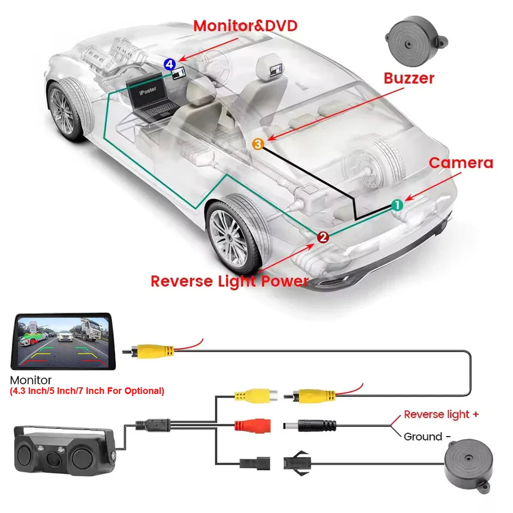 iPoster AHD 1080P PAL Car Rear View Reversing Backup Camera with Parking Radar Sensor Beeper 3-In-1 12V Night View For Car SUV