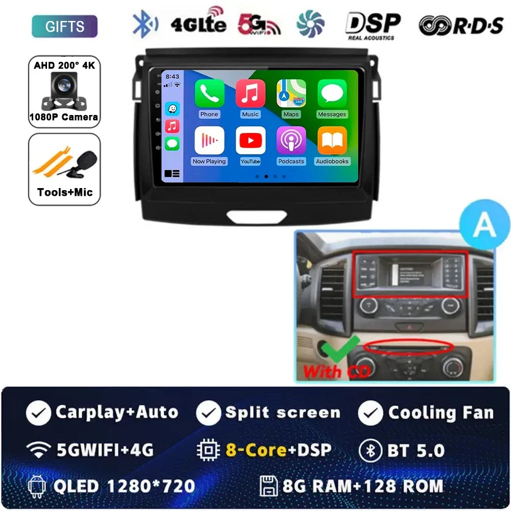 Android 15 Car Radio Stereo QLED Screen For Ford Ranger 2015 2016 2017 2018 2019-2022 GPS Multimedia Carplay Autoradio Head unit