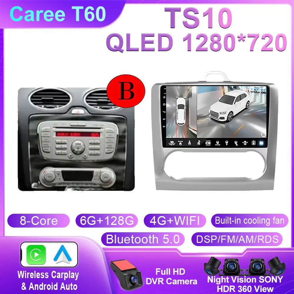 Android 14 Wireless CarPlay Auto For Ford Focus 2 3 Mk2 Mk3 2004-2011 4G+WIFI Car Radio Multimedia Stereo Player GPS 360 Camera