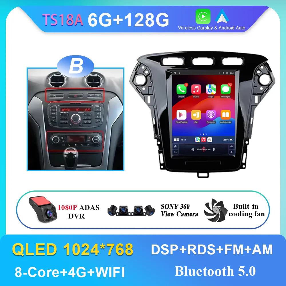 9.7 Inch Android 14 Car Radio Stereo Multimedia Player For Ford Mondeo MK4 2011 - 2013 Auto GPS Navigation wireless carplay DVD