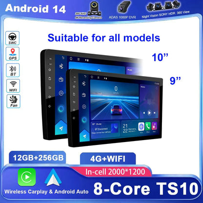 Android 14 CarPlay car radio Android Auto GPS multimedia player 2 DIN universal 9/10 inch Car stereo WiFi player QLED Screen BT
