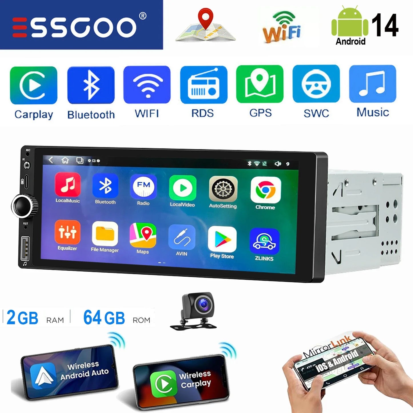 ESSGOO 6.86" Android 14 4+64G Universal Single DIN Car Stereo Radio CarPlay Android Auto BT USB SWC Wifi FM GPS Navi Mirror link