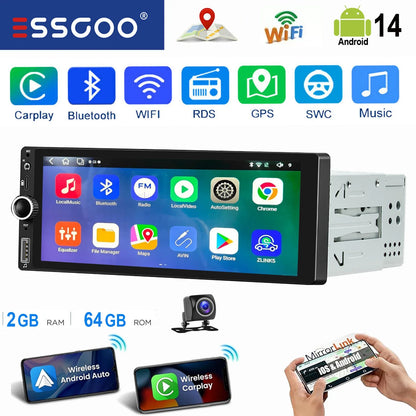 ESSGOO 6.86" Android 14 4+64G Universal Single DIN Car Stereo Radio CarPlay Android Auto BT USB SWC Wifi FM GPS Navi Mirror link