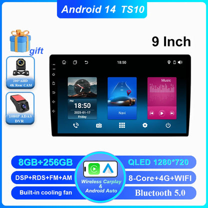 Android 14 CarPlay car radio Android Auto GPS multimedia player 2 DIN universal 9/10 inch Car stereo WiFi player QLED Screen BT