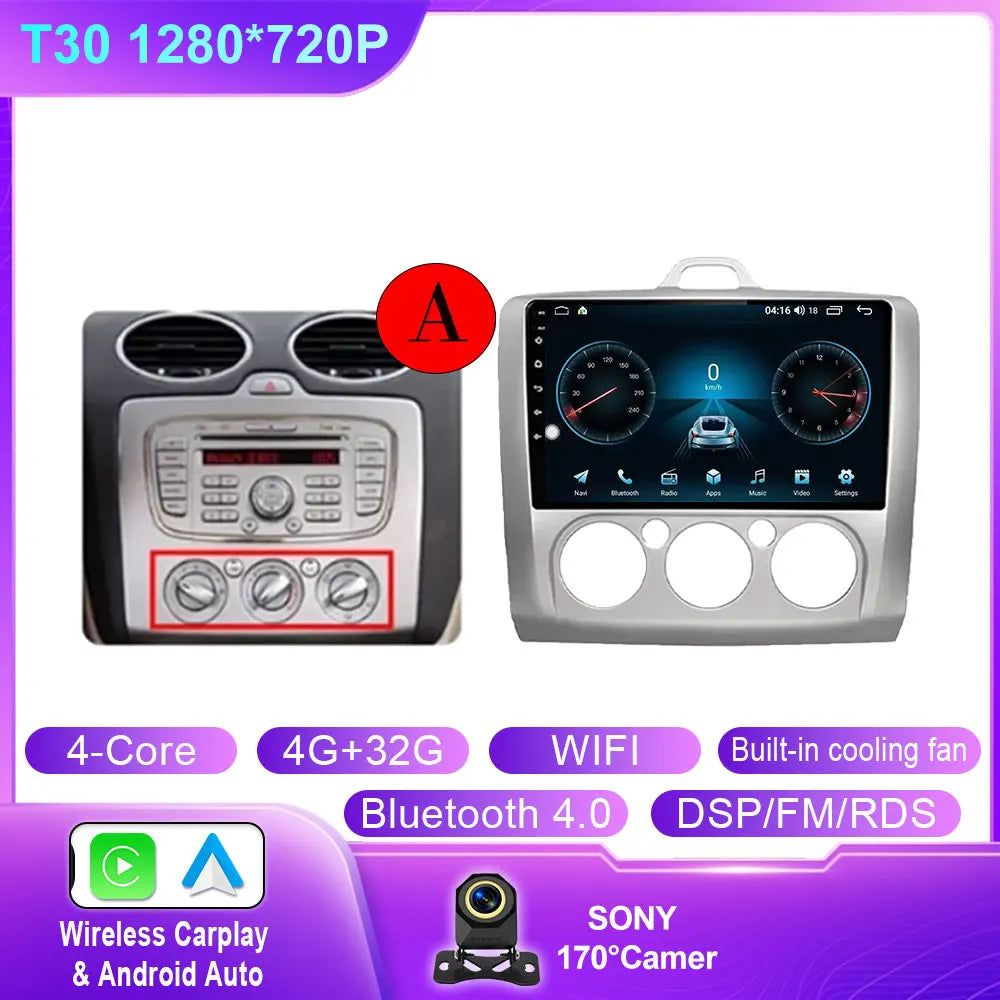 Android 14 Wireless CarPlay Auto For Ford Focus 2 3 Mk2 Mk3 2004-2011 4G+WIFI Car Radio Multimedia Stereo Player GPS 360 Camera
