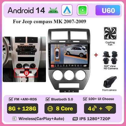 Android 14 Car For Dodge Caliber 2007-2010 For Jeep compass MK 2007-2009 stereo Radio Wireless Carplay Android Auto Radio Stereo
